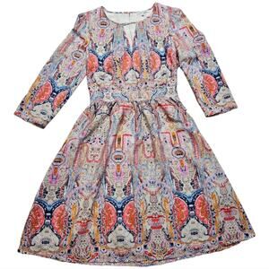 Lace and Mesh A Line Boho Fit and Flare Dress Multicolor 3/4 Sleeve XS